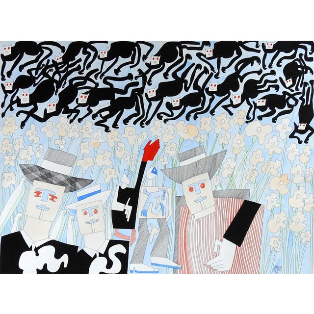 Paper Vintage Abstract Black Cats by Benicio Nunez Painting For Sale - Image 7 of 7