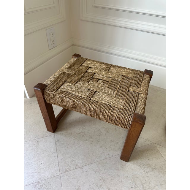 Rustic European Vintage French Audoux Minet Style Handcarved Woven Rope & Oak Stool For Sale - Image 3 of 17