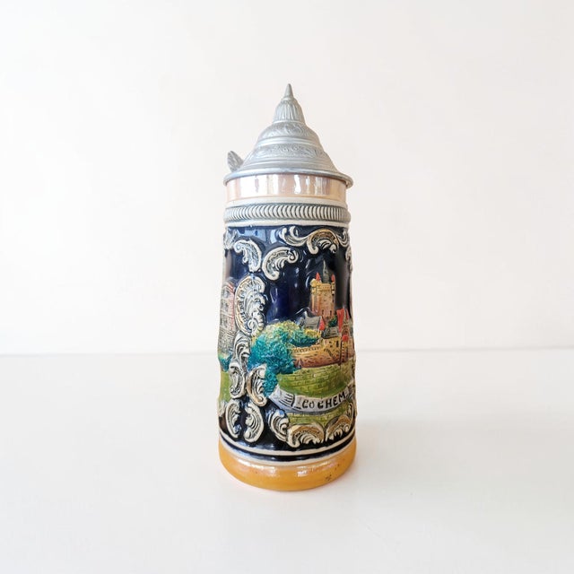 Vintage German Lidded Beer Stein Mug with Relief Town Views in Glazed Stoneware, 1950s For Sale - Image 6 of 15