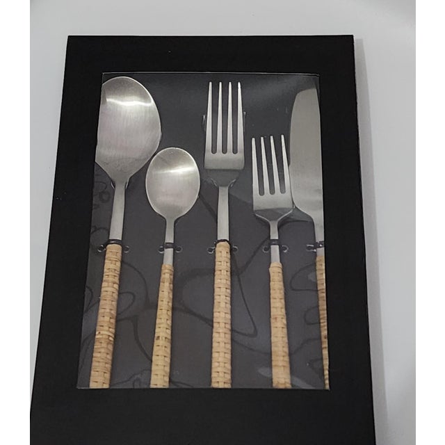 Boho Chic Artifacts Rattan Stainless Steel Cutlery with Gift Box in Brown - Set of 5 For Sale - Image 3 of 3
