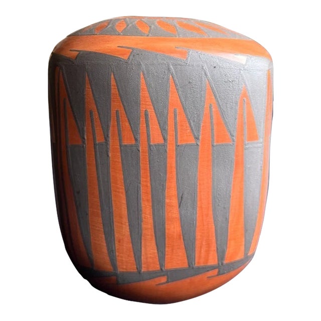 Armando Silveira Jr. Mata Ortiz Squared Form Vessel, Orange and Slate Geometric For Sale
