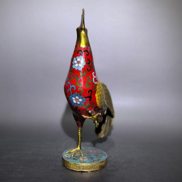 This is a striking antique cloisonné enamel sculpture of a rooster, captured in a proud, standing pose with its head...