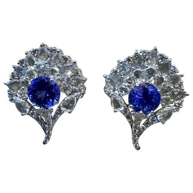 3.6 Ct Round Tanzanite & 3.6 Ct Rose Cut Diamond Post Earrings in 18 Karat Gold For Sale - Image 15 of 18