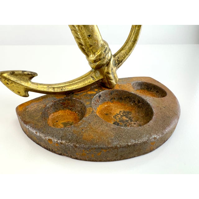 Vintage 1940's Brass Anchor Desk Inkstand on Cast Iron Base | Nautical Maritime Desk Accessory For Sale In Little Rock - Image 6 of 8