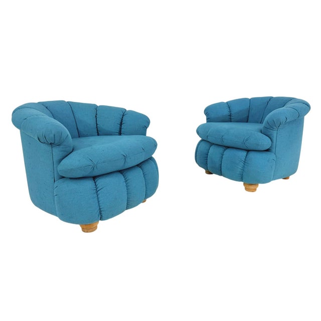 Post Modern Biscuit Tufted Pair Turquoise Lounge Chairs, 1980’s. Original upholstery. Measure 27.5” tall 29” wide 32” deep...