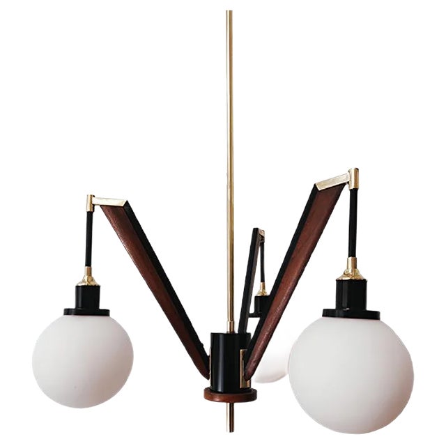 Vintage Brass & Wooden Ceiling Lamp from Stilnovo For Sale