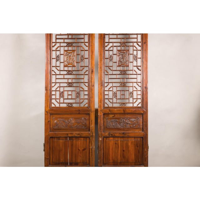 Pair of Antique Chinese Carved Elm Lattice Screens with Figural Motifs For Sale - Image 13 of 18