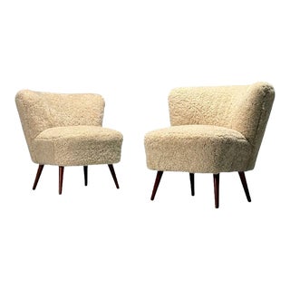 Swedish Mid-Century Modern, Shearling Slipper Chairs, Beige Sheepskin, Beech For Sale