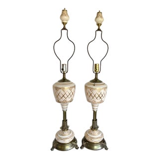 Antique Reverse Painted Tall Glass Lamps With Finials For Sale