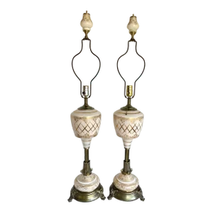 Antique Reverse Painted Tall Glass Lamps With Finials