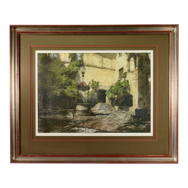 Luigi Kasimir Seebenstein Castle Courtyard, Austria, Large Color Etching 1920 Original Print For Sale