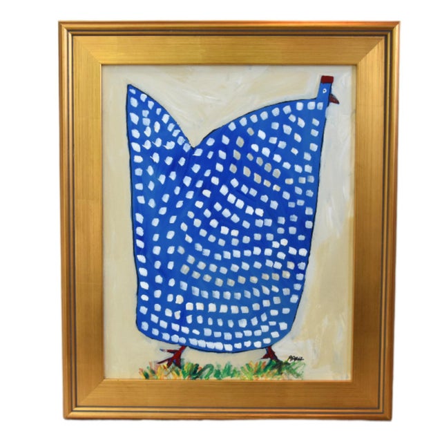 2020s Original Blue Folk Art Chicken Hen Painting by Ruth Arenz Including the Antiqued Gold Wood Fame For Sale - Image 5 of 5