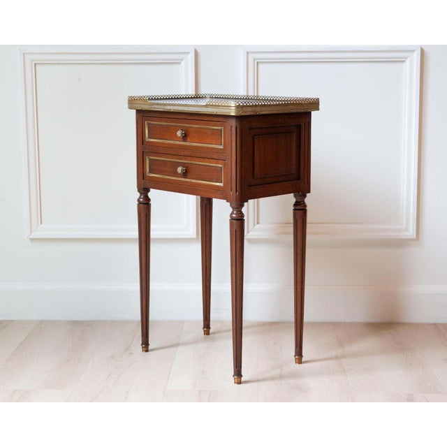 French Louis XVI Style Mahogany Side Table with Marble Top and Brass Gallery, 20th Cent For Sale - Image 3 of 10