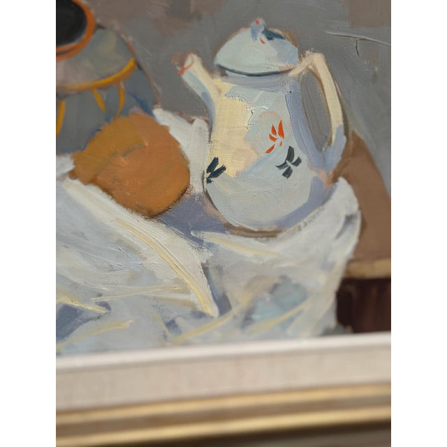 Original vintage swedish oil on canvas – “stilleben med kaffekannor, päron och keramik” by t. Ahlm – signed – framed – 70...