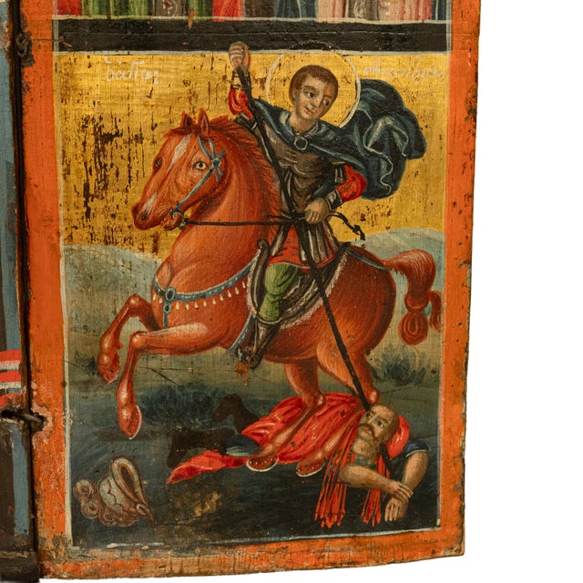 Antique 18thC Greek Orthodox Triptych Icon Virgin Mary & Saints Egg Tempera 1700 For Sale - Image 10 of 18