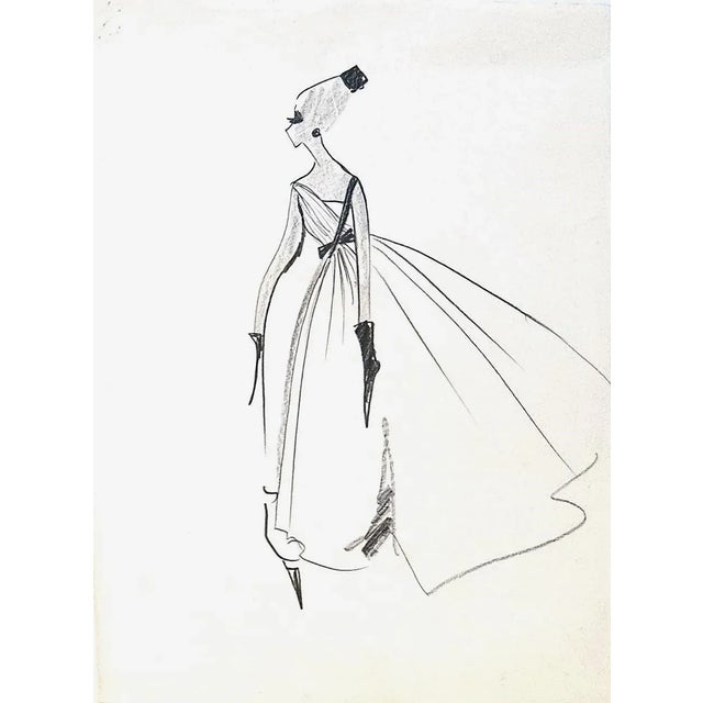 1960s Set of 3- Mid-Century Haute Couture Fashion Evening Gown Drawings by Michel Goma For Sale - Image 4 of 4