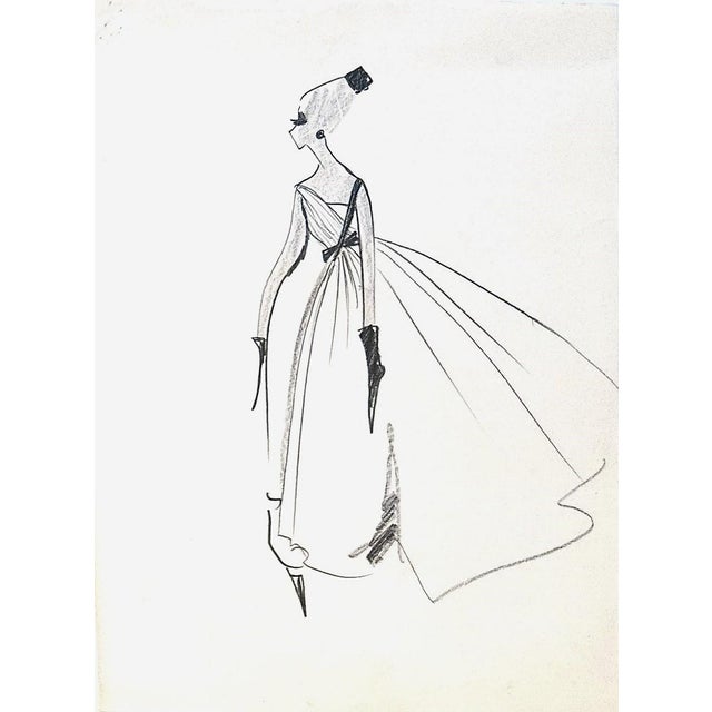 1960s Set of 3- Mid-Century Haute Couture Fashion Evening Gown Drawings by Michel Goma, Matted For Sale - Image 4 of 4