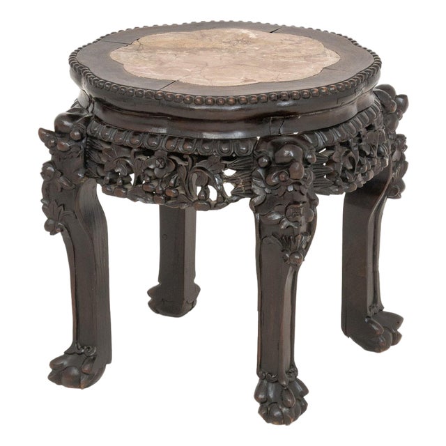 Chinese Red Marble Inset Hongmu Low Pedestal Table For Sale