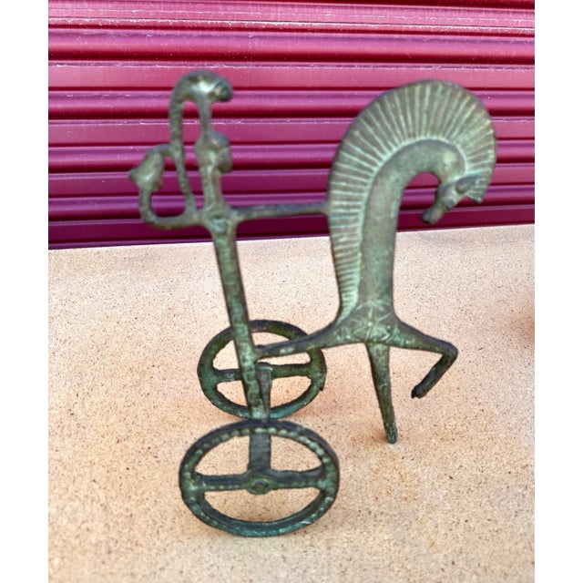 Mid-Century Modern Vintage Verdigris Patina Brass Etruscan Roman Chariot Statue For Sale - Image 3 of 9