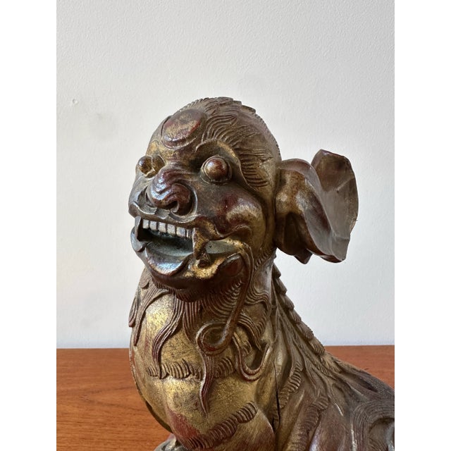 1920s 1920s Chinese Red Carved Gilt Wood Foo Dog For Sale - Image 5 of 12