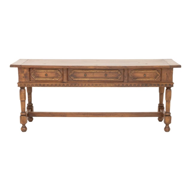 1920s Italian Walnut Three-Drawer Library Table With Turned Legs & H-Stretcher For Sale