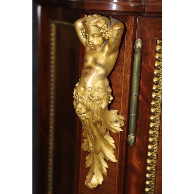 Bronze Early 20th Century French Louis XVI Style Marble Top Commode – Bronze Figural Mounts & Walnut Marquetry Sideboard For Sale - Image 8 of 10
