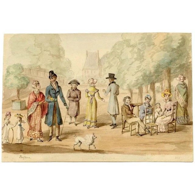 An original 1821 watercolour painting Parisians in the Tuileries Garden.A charming drawing in brown ink and wash...