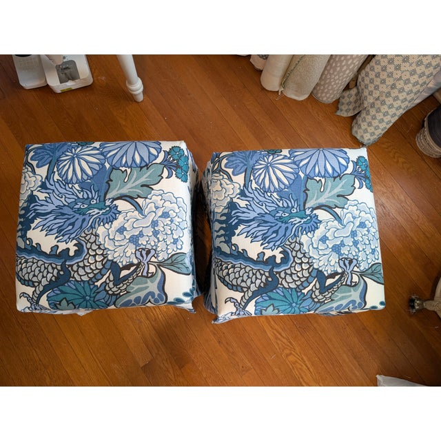 Schumacher Chiang Mai Dragon Skirted Ottomans in China Blue - Pair For Sale - Image 11 of 13