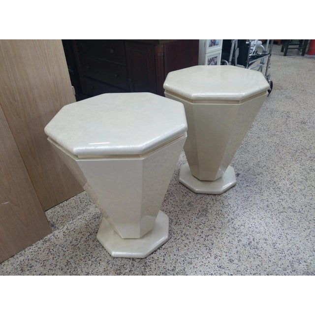 Art Deco 20th Century Art Deco Revival Cream Lacquer & Brass Octagonal Side Tables - a Pair For Sale - Image 3 of 10