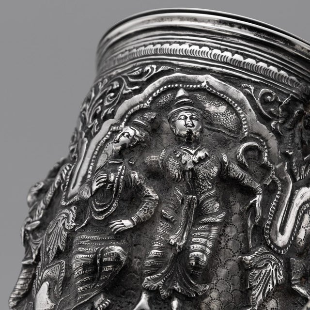 Antique 19th Century Burmese Silver Repoussé Jataka Tales Mug, 1890 For Sale - Image 10 of 16