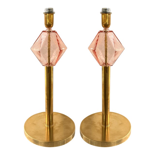 Set of Two Contemporary Italian Pink Murano Style Glass Table Lamps With Unlaquered Brass For Sale