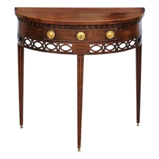 English 1860s Oak Demilune Table with Drawer, Tapered Legs and Pierced Motifs For Sale