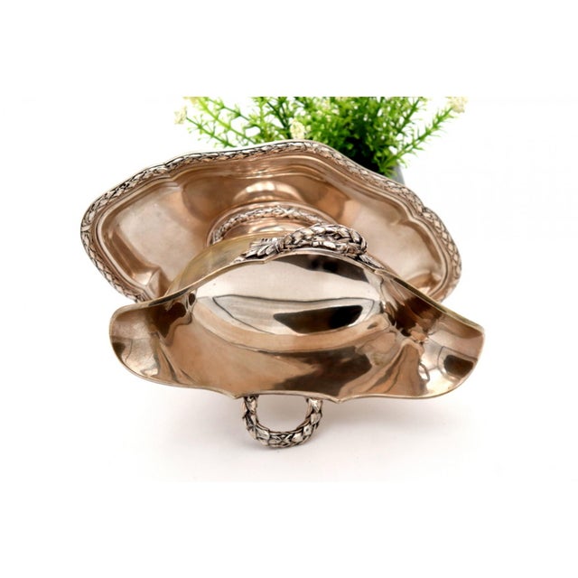 Silver Gravy Boat with Plate and Beaded Handles For Sale - Image 3 of 5