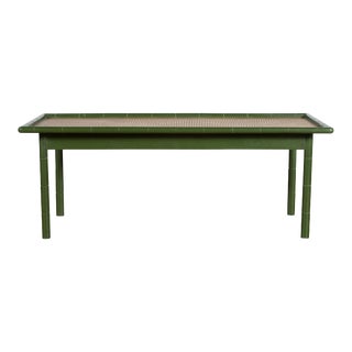 Vintage Thai Green Painted Faux Bamboo & Woven Rattan Top Coffee Table For Sale