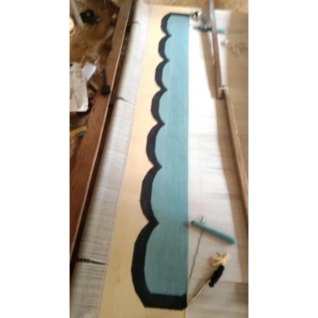 Handmade Cotton Scalloped Edge Rug, Teal Blue, Black and Cream Bordered Dhurrie- 12'x15' For Sale - Image 11 of 13