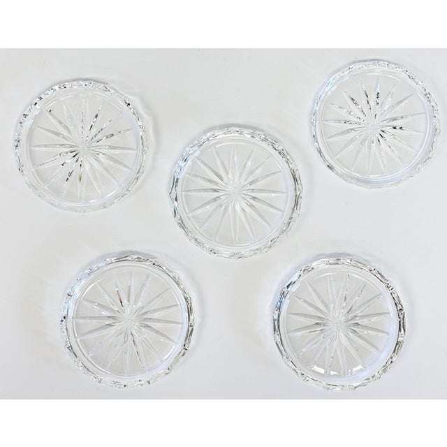 Beautiful set of five vintage cut crystal coasters. Clear crystal with a cut diamond-like design. Etched on bottom...