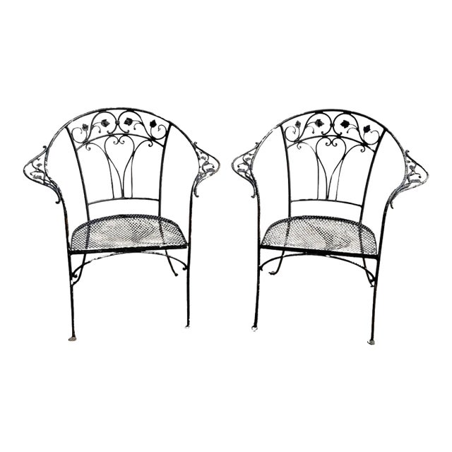Mid 20th Century Salterini Style Wrought Iron Garden Patio Arm Chairs by Florentine Craft Studio For Sale