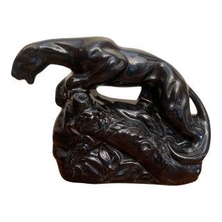 1950s Vintage Black Glazed Ceramic Panther For Sale
