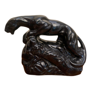 1950s Vintage Black Glazed Ceramic Panther