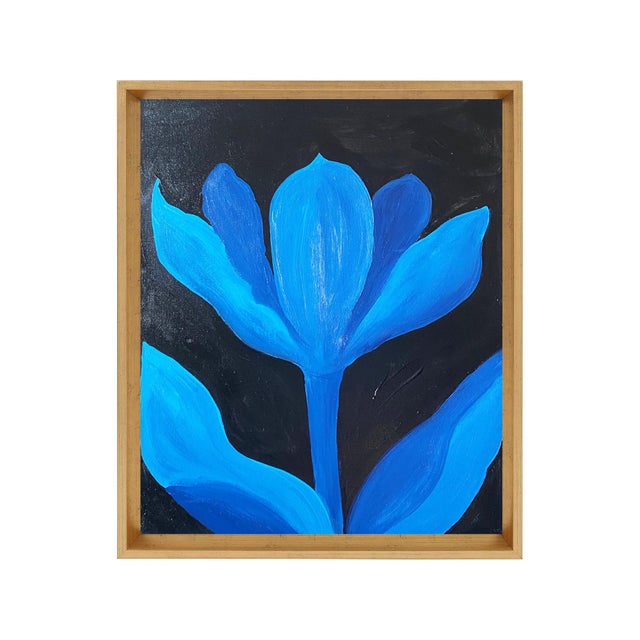 Contemporary Blue Nocturne Bloom – Original Framed Acrylic Botanical Painting, Blue Floral Wall Art, 17.5” X 21.5” by Tatiana Duperault For Sale - Image 3 of 6