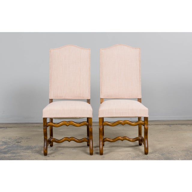 Antique French Louis XIII Style Os De Mouton Oak Dining Chairs in Blush Pink Stripe - Set of 6 For Sale - Image 4 of 17