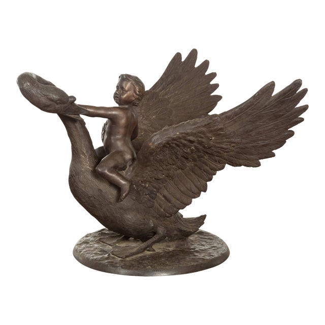 Vintage Greco Roman Style Bronze Sculpture of a Chubby Putto Riding a Swan For Sale