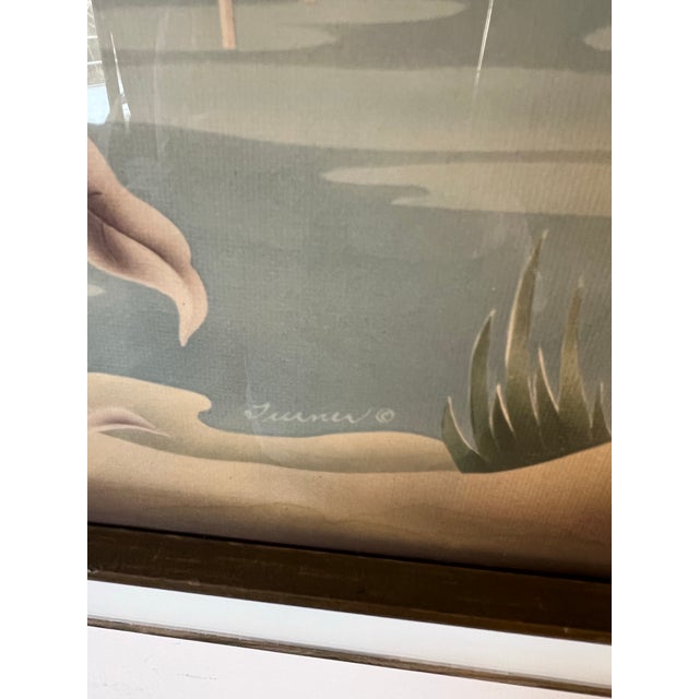 1940s Vintage Art Deco Mid Century Rare Turner Wall Mirror Flamingo Art Painting 1940s Lithograph For Sale - Image 5 of 12