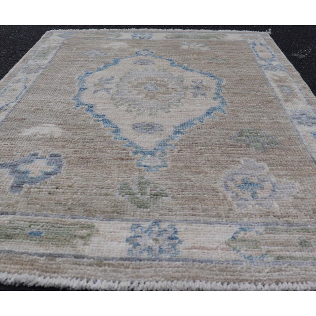Modern Oushak Rug With Taupe Accents of Sky Blue and Sage Green 2'0 X 2'8 For Sale - Image 4 of 8