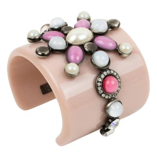 Emilio Pucci Italy Extra-Wide Pale Pink Resin Jeweled Cuff Bracelet For Sale