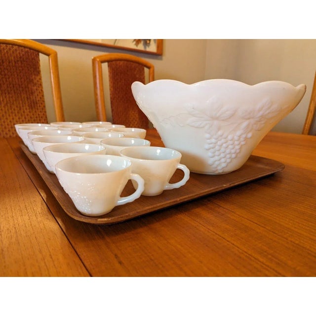 Late 20th Century Anchor Hocking Mid Century Milk Glass Grape Design Punch Bowl - 16 Pieces For Sale - Image 10 of 12