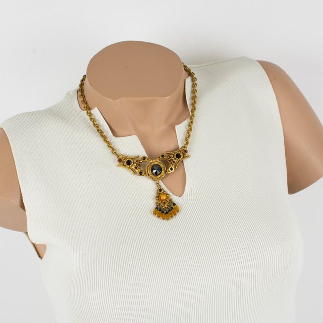 Henry Perichon Gilded Bronze Chain Necklace With Jeweled Cabochons For Sale - Image 4 of 11