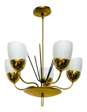 Vintage Brass and Glass Five-Arm Chandelier