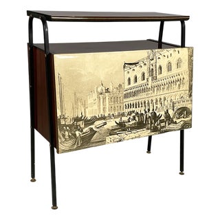 Mid-Century Modern Italian Wooden Bar Cabinet with Printed Scene, 1950s For Sale