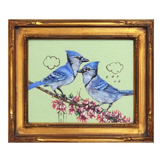 Planning for the Future - Blue Jay Birds Still Life Framed Acrylic Painting by Carlos Gamez De Francisco For Sale